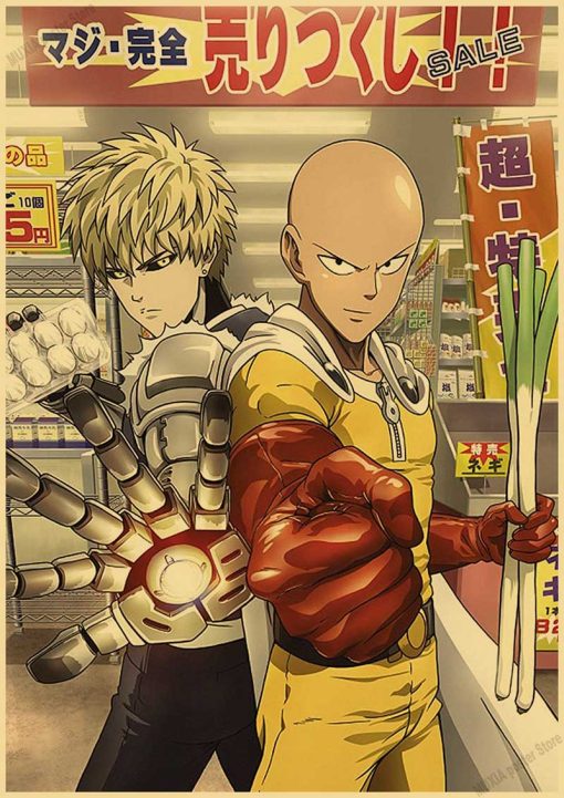 Vintage Japanese Anime One Punch Man Poster Retro Kraft Paper Posters Wall Sticker Home Decor Living 9 - One Punch Man Merch